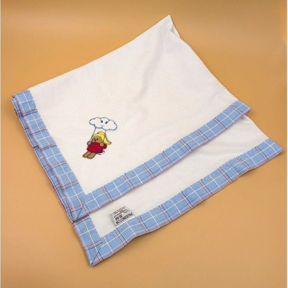 VTG 1980 Paddington Bear Baby Blanket Quiltex White Eden Union Made USA ILGWU